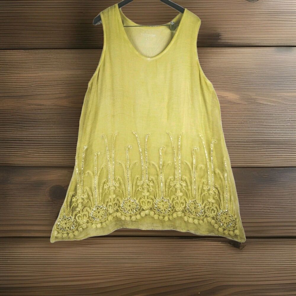 Soft Surroundings Woman’s Sz 1X Mustard Yellow Silk Tank Top Embellished Sequins
